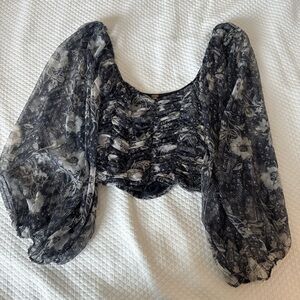 Free People Blue and White Ruched Puff Sleeve Blouse